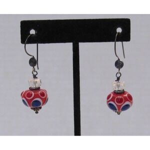 Lampwork Earrings Handmade Red White Blue Glass Bead Dangle Hooks Circle Dots
